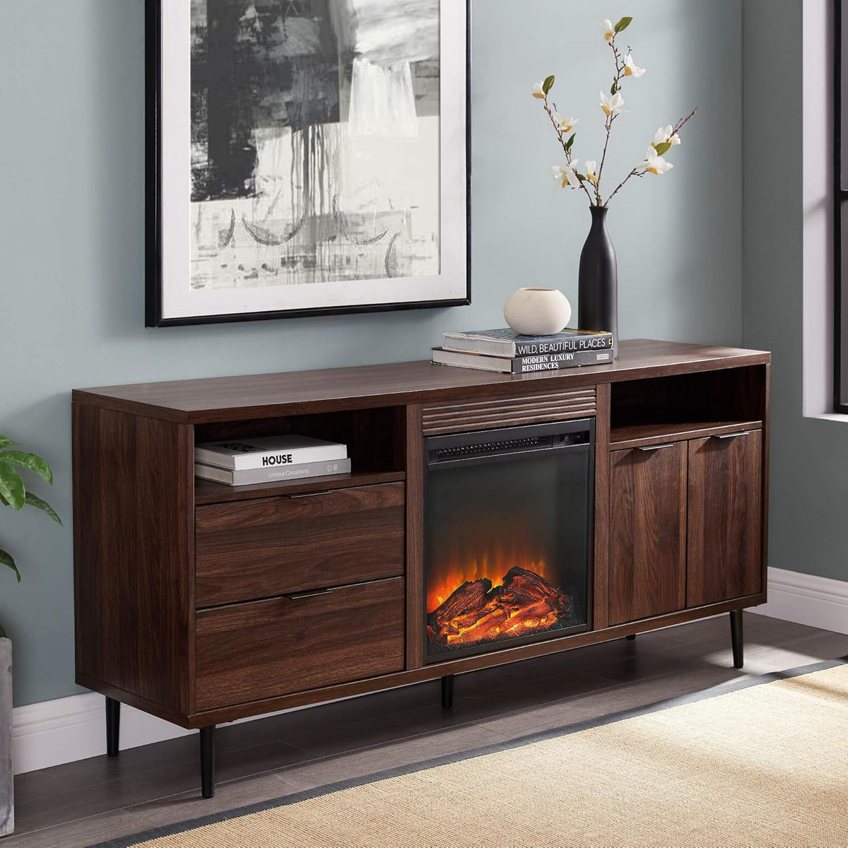 58 Inch Dark Walnut Wood TV Stand with Cabinet Doors and Drawers O925029