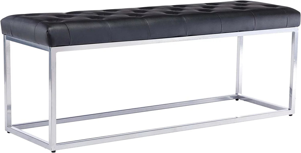 Black Tufted Leather Upholstered Bench with Metal Base T4636