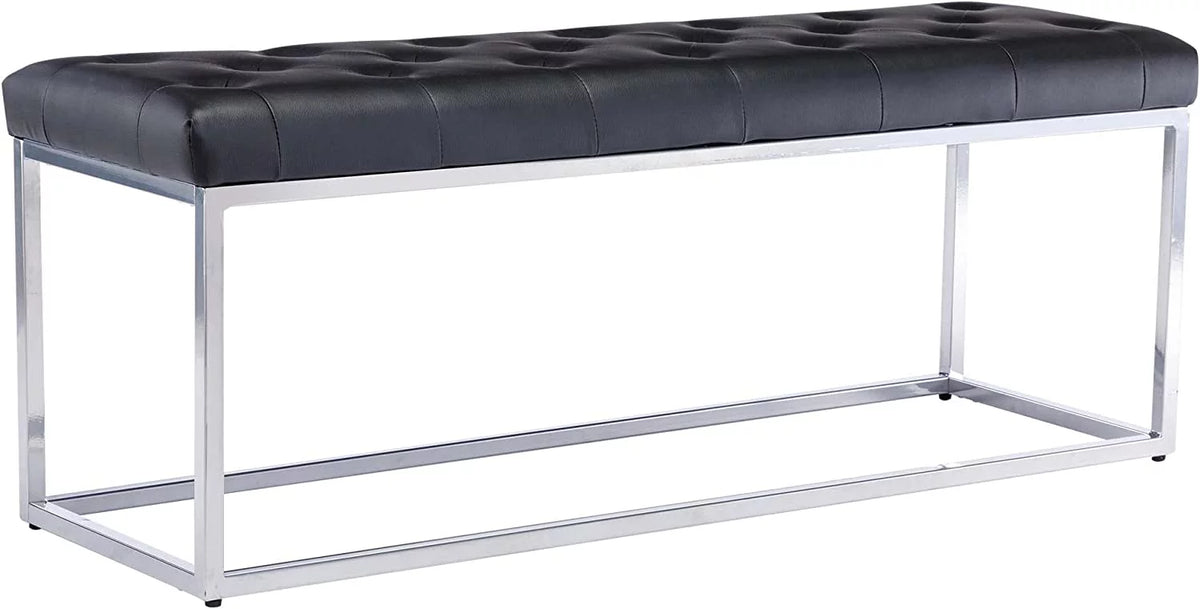 Black Tufted Leather Upholstered Bench with Metal Base T4636