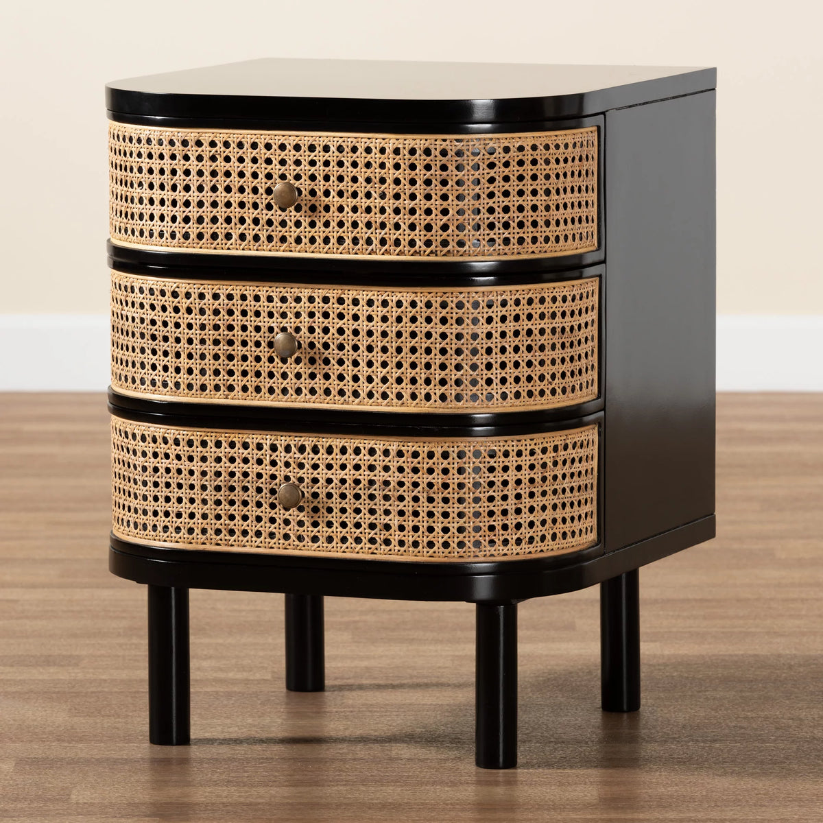 Black Wood and Rattan 3-Drawer End Table Nightstand I731
