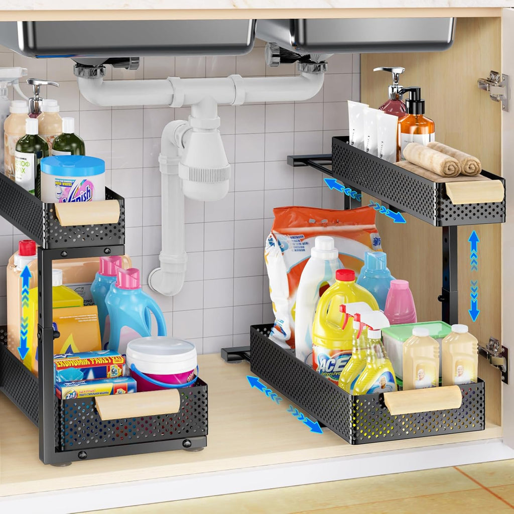 2 PACK 5 Height Adjustable 2 Tiers Pull Out Drawer Shelves Metal Slide Tray Organizer D989960