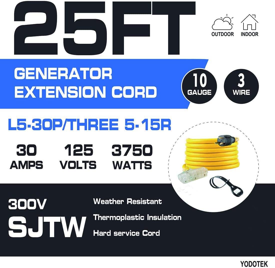 25 Feet 10 Gauge Generator Extension Cord NEMA L5-30P to Three 5-15R U46490