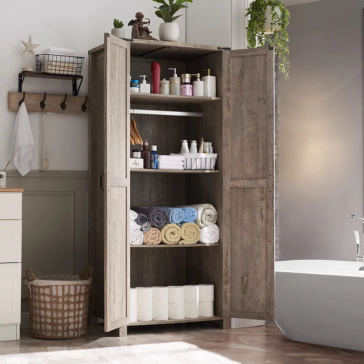 Light Rustic Oak Storage Pantry Cabinet with 2 Doors and Adjustable Shelves L6647