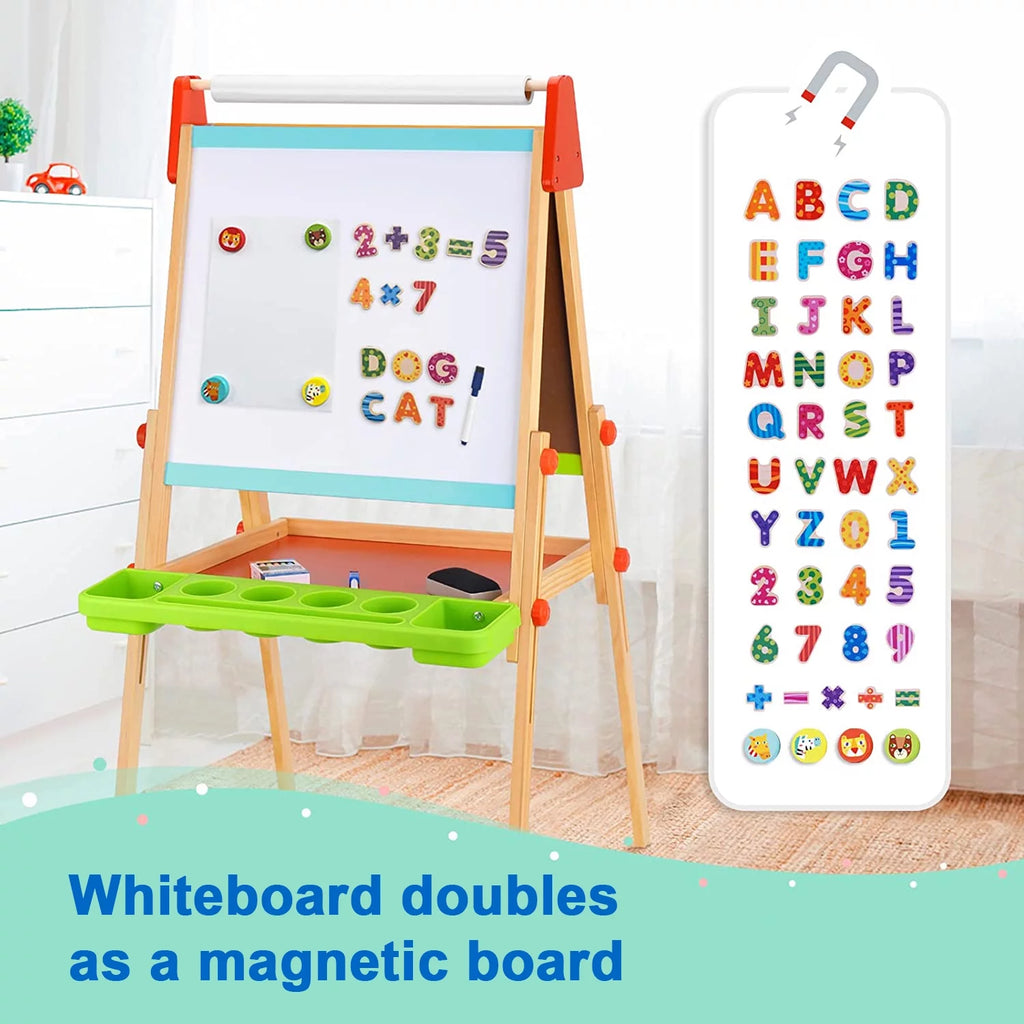 Wooden Easel with Magnetic Whiteboard, Chalkboard, Paper Roll O190
