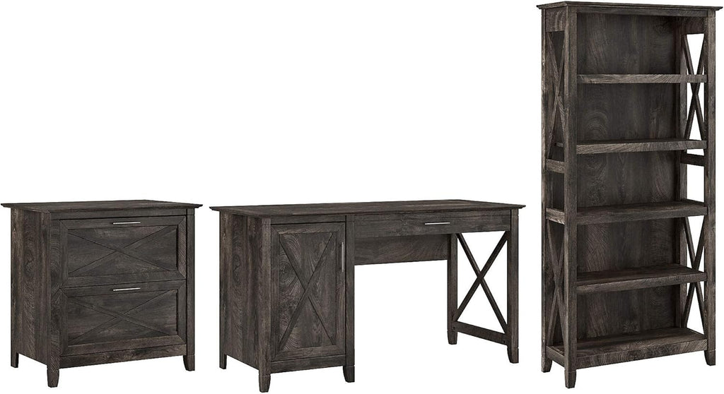 54W Reclaimed Pine Computer Desk with 2 Drawer Lateral File Cabinet and 5 Shelf Bookcase L45506
