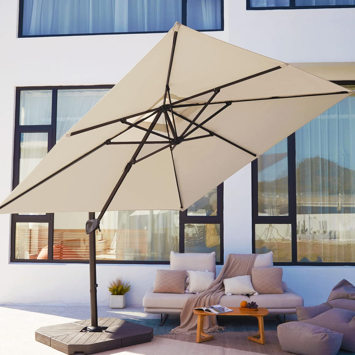 Beige 9x9 FT Square Cantilever Patio Umbrella with Aluminum Frame B474719