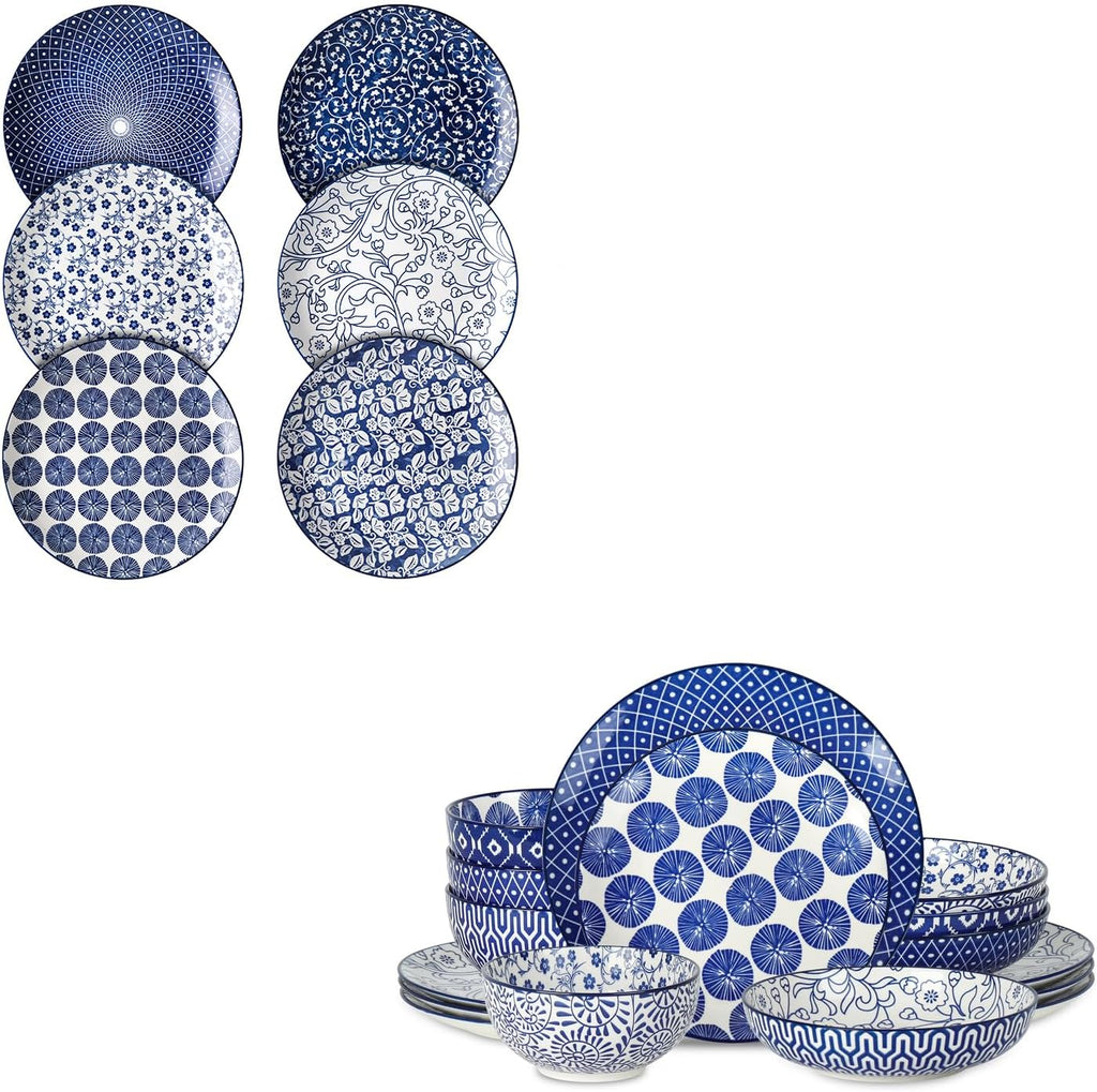 10 inch Porcelain Dinner Plates 16-Pieces Dinnerware Set Vintage Blue O3464