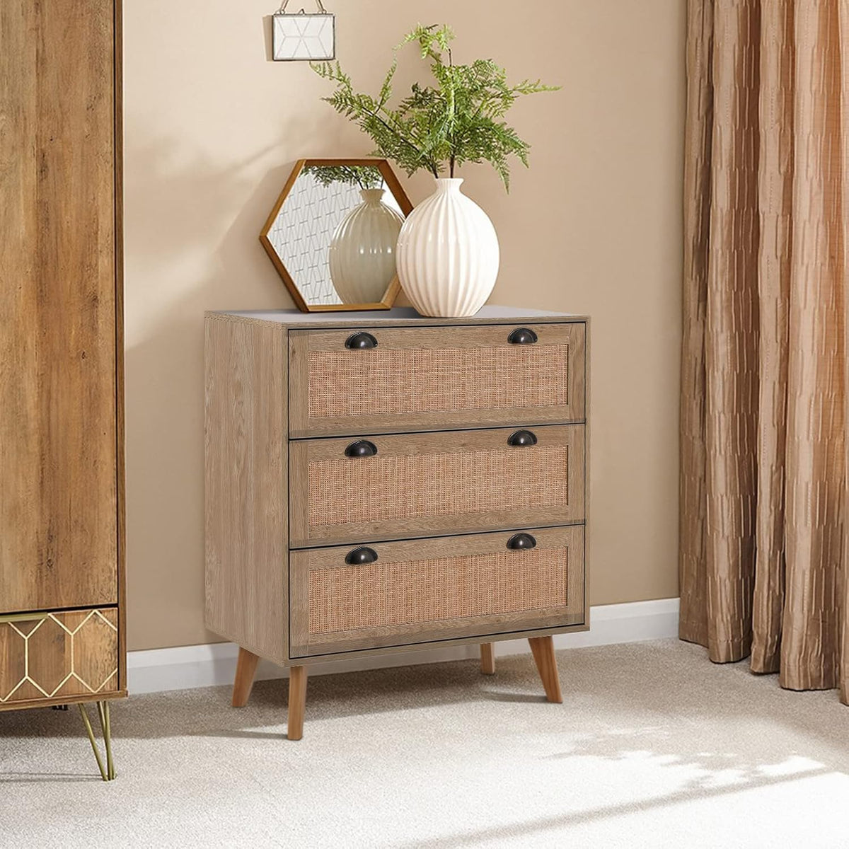 3 Drawer Rattan Storage Cabinet with Pine Wood Legs W690234