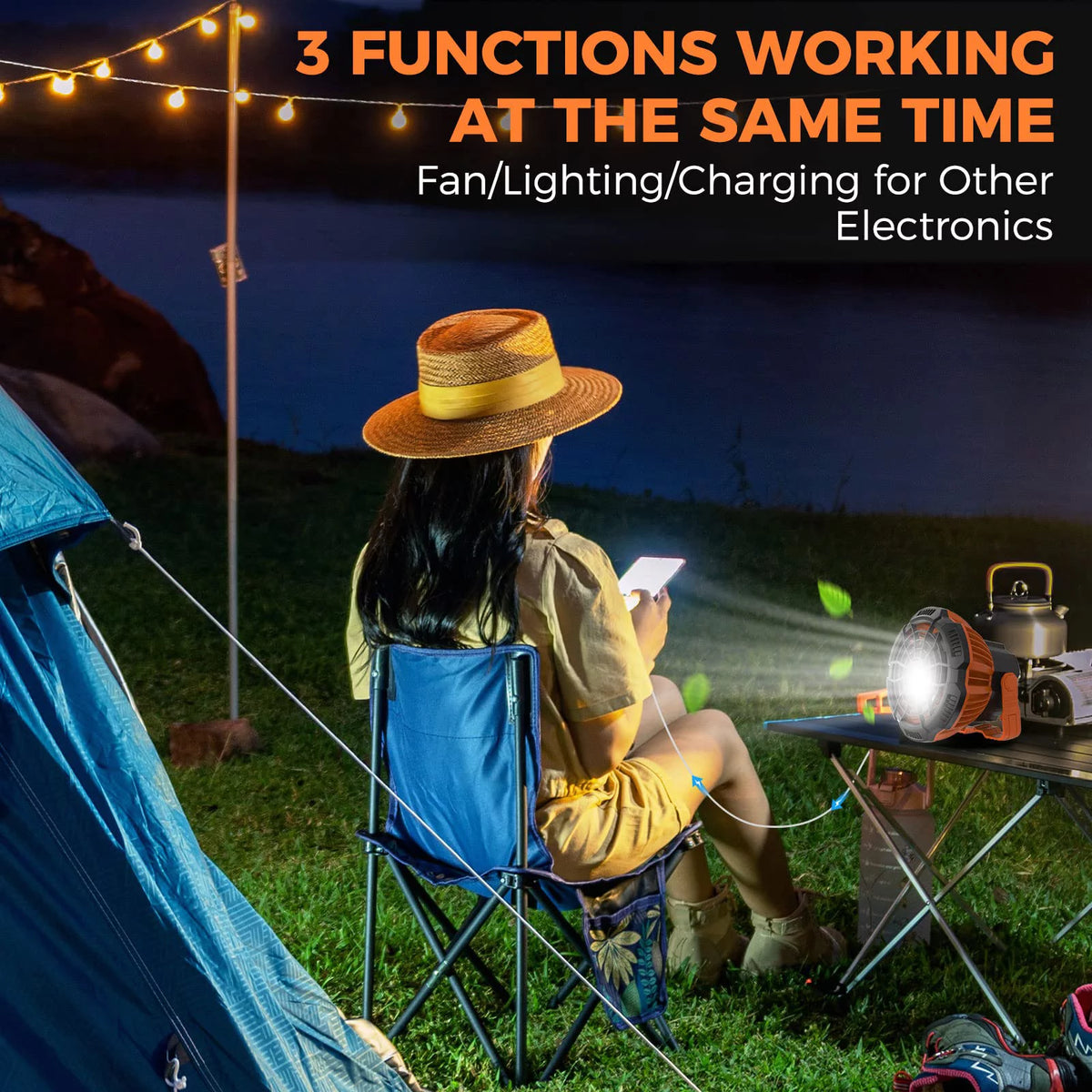 Camping Tent Fan with LED Lantern, Rechargeable 5200mAh Hanging Fan O457