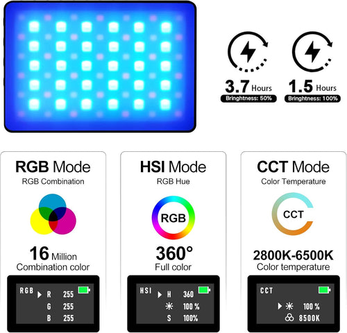0-360 Full Color RGB Video Light, Portable LED Camera Lights Panel, 3000mAH Rechargeable, Pack of 2 Y79883