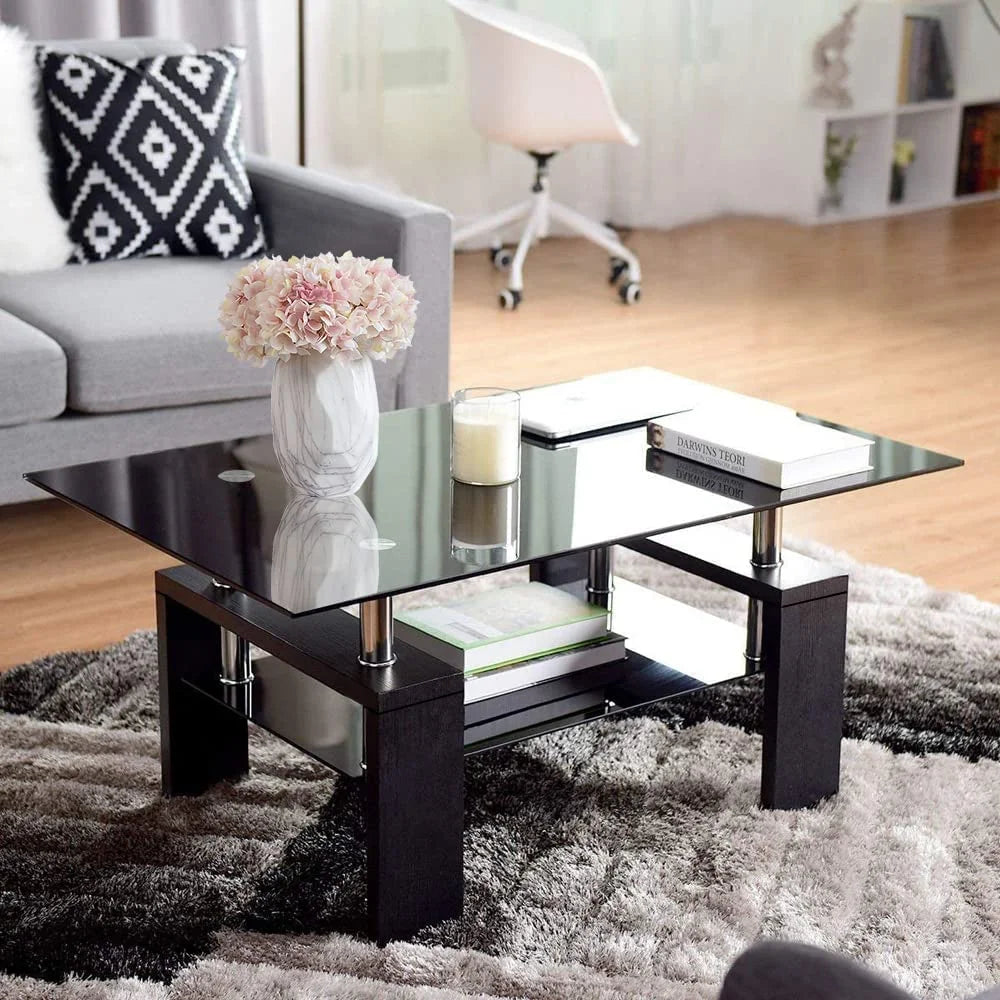 Black Rectangle Glass Coffee Table with Shelf and Wooden Legs T631