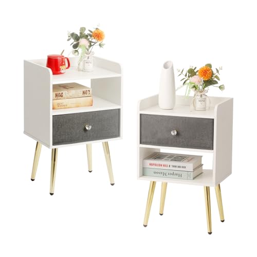 White Nightstand with Drawer Fabric Cabinet Storage with Sliding Drawers and Shelf C97420