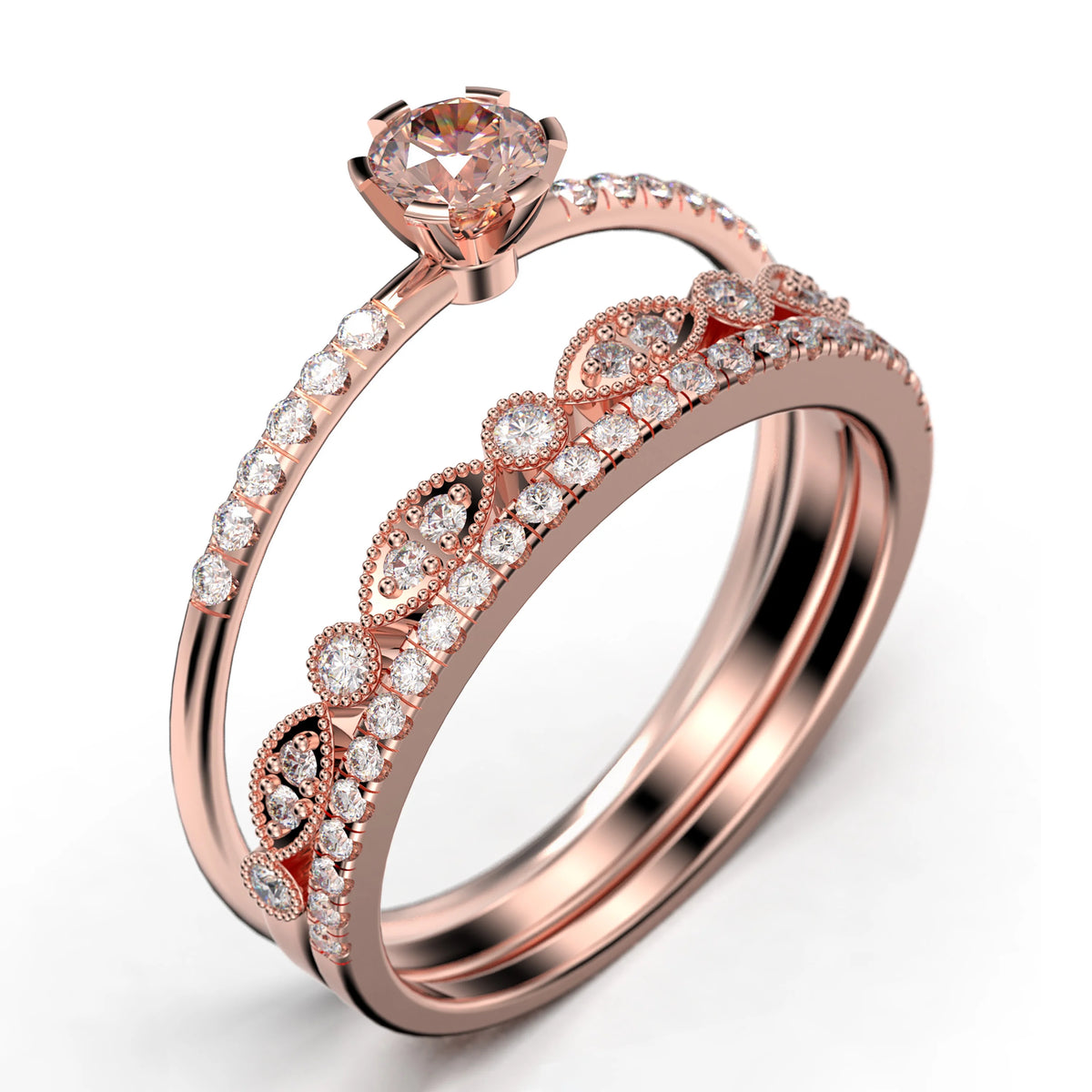 1.55 Carat Round Cut Morganite And Diamond Moissanite Engagement Ring Trio Set in 925 Sterling Silver With 18k Rose Gold Plating R83545