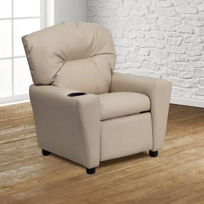 Beige Vinyl Kids Recliner with Cup Holder A129176