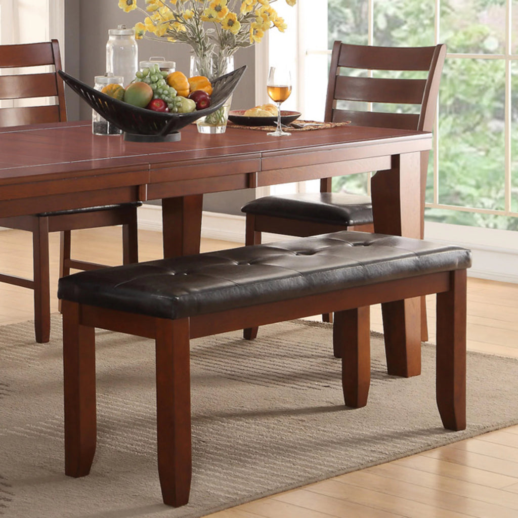 Solid Wood Tufted Black Faux Leather Dining Bench I14649