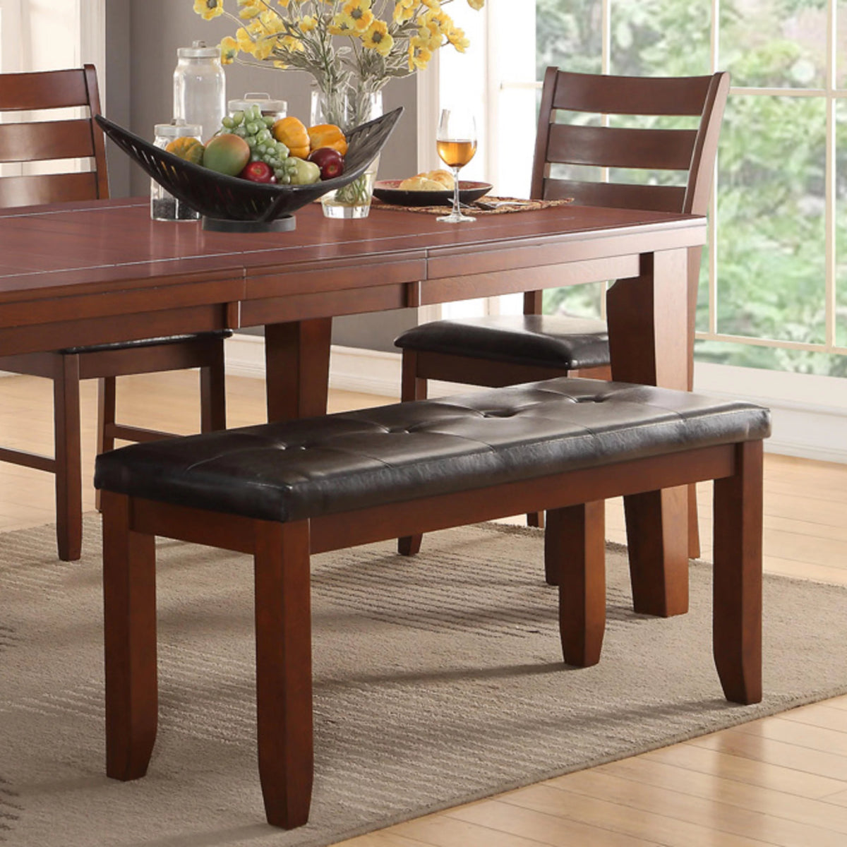 Solid Wood Tufted Black Faux Leather Dining Bench I14649