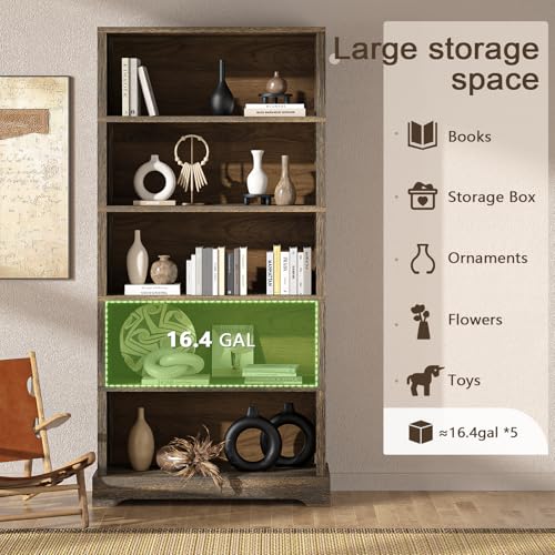 5-Shelf Wood Bookcase 65 Inch Tall Bookshelf D75553
