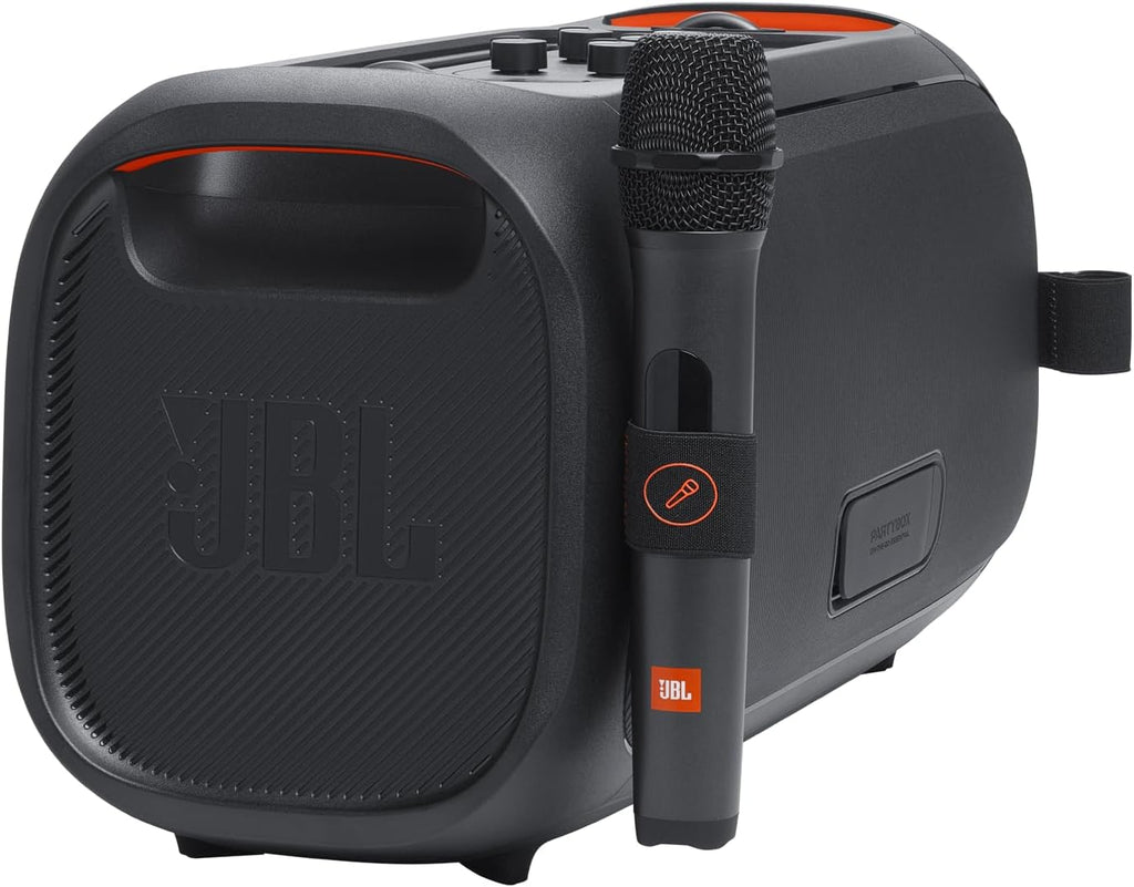 Portable party speaker with built-in lights and wireless mic, IPX4 splashproof protection, 6 hours of playtime, shoulder strap Z11899