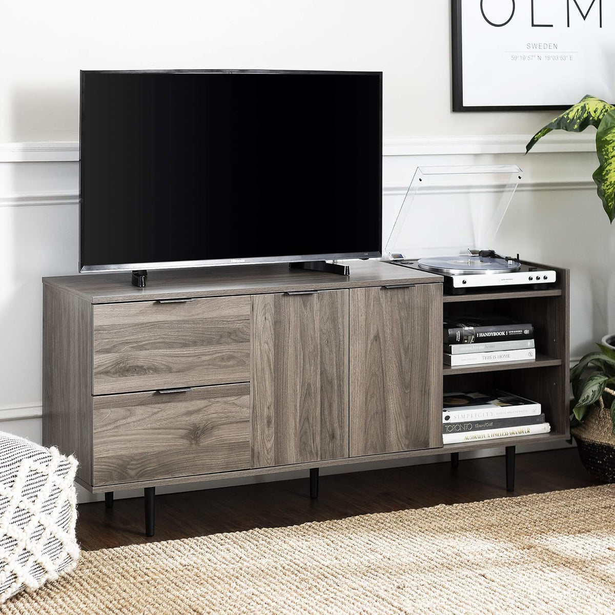 58 Inch Dark Walnut Wood TV Stand with Cabinet Doors and Drawers O925029