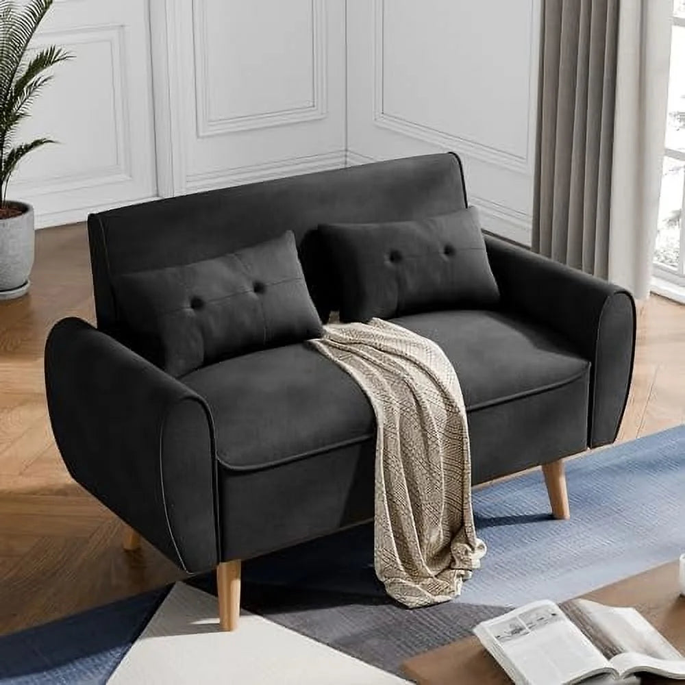 47'' Linen Fabric Loveseat Sofa with 2 Pillows and Wood Legs J45900