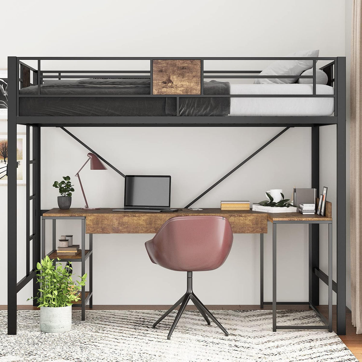 Metal Bed Frame with Full-Length Guardrail Black Z92688