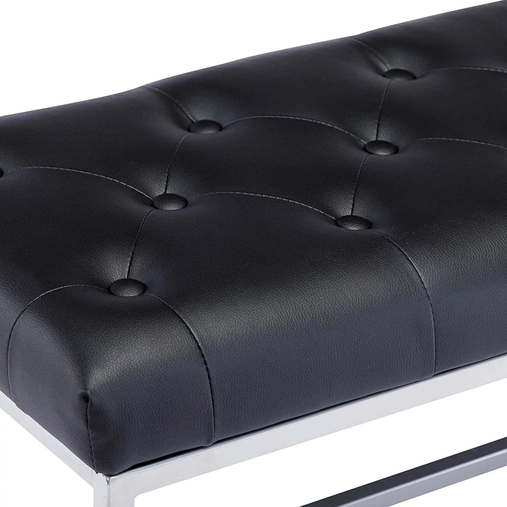 Black Tufted Leather Upholstered Bench with Metal Base T4636