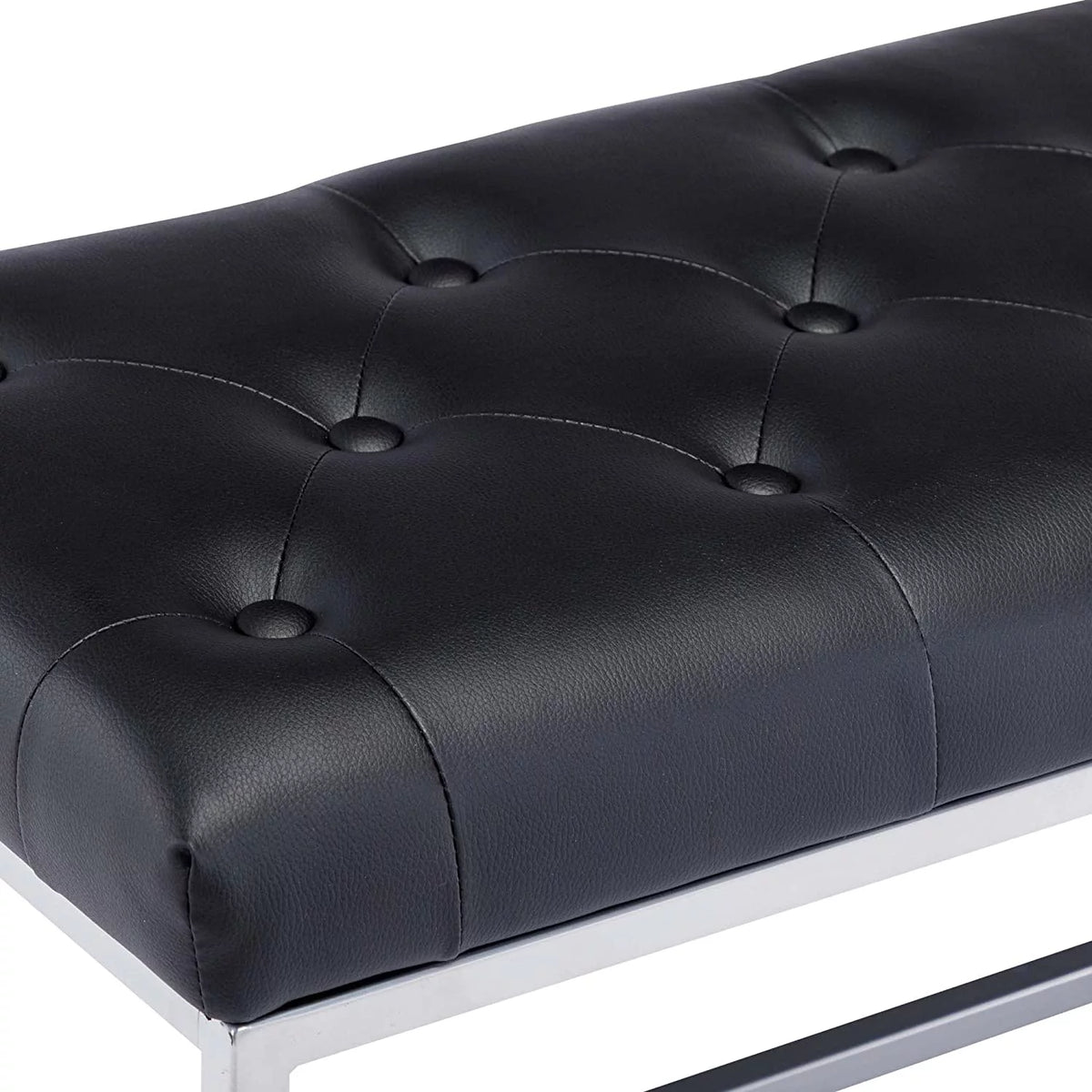 Black Tufted Leather Upholstered Bench with Metal Base T4636