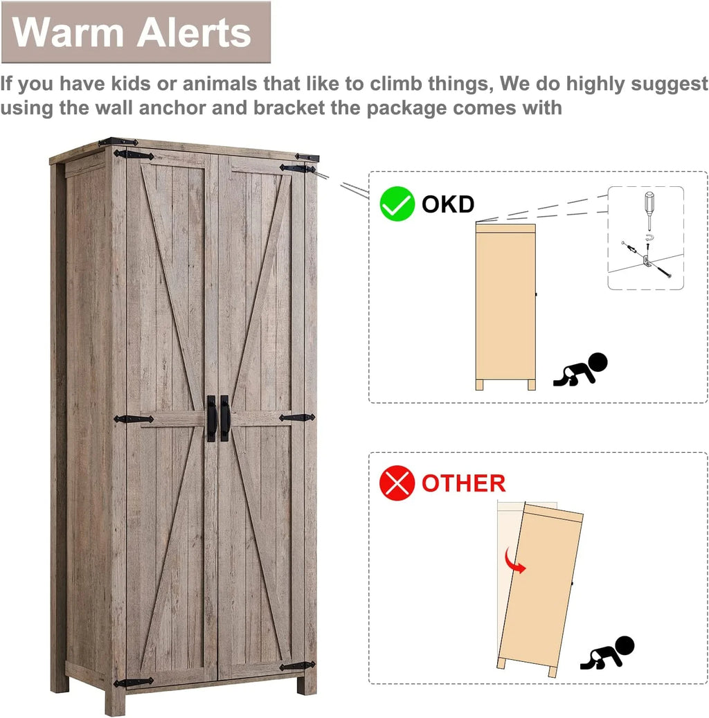 Light Rustic Oak Storage Pantry Cabinet with 2 Doors and Adjustable Shelves L6647