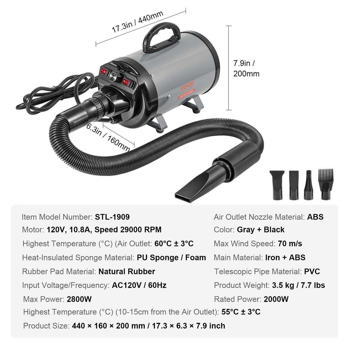 2000-Watt Pet Grooming Dryer with 4 Nozzles K367