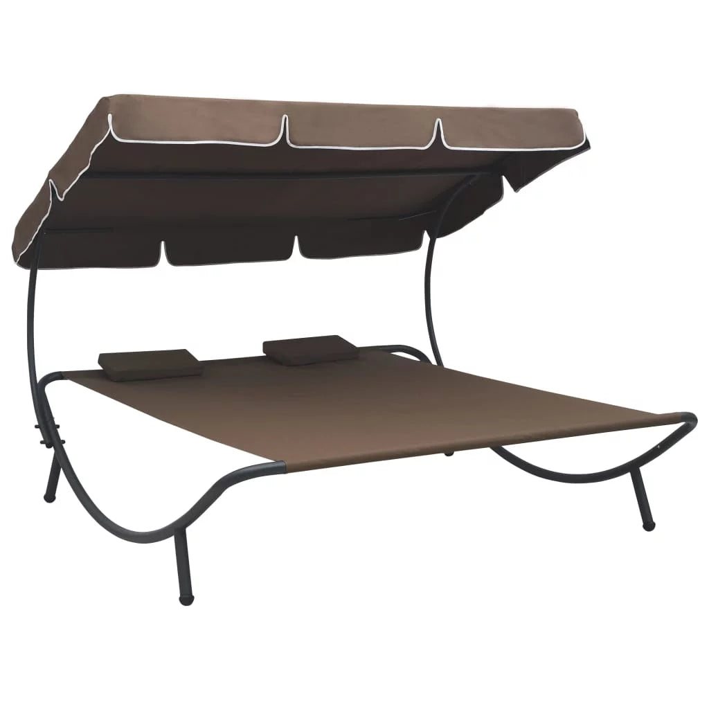 Brown Fabric Steel Outdoor Lounge Bed with Canopy and Pillows C1509
