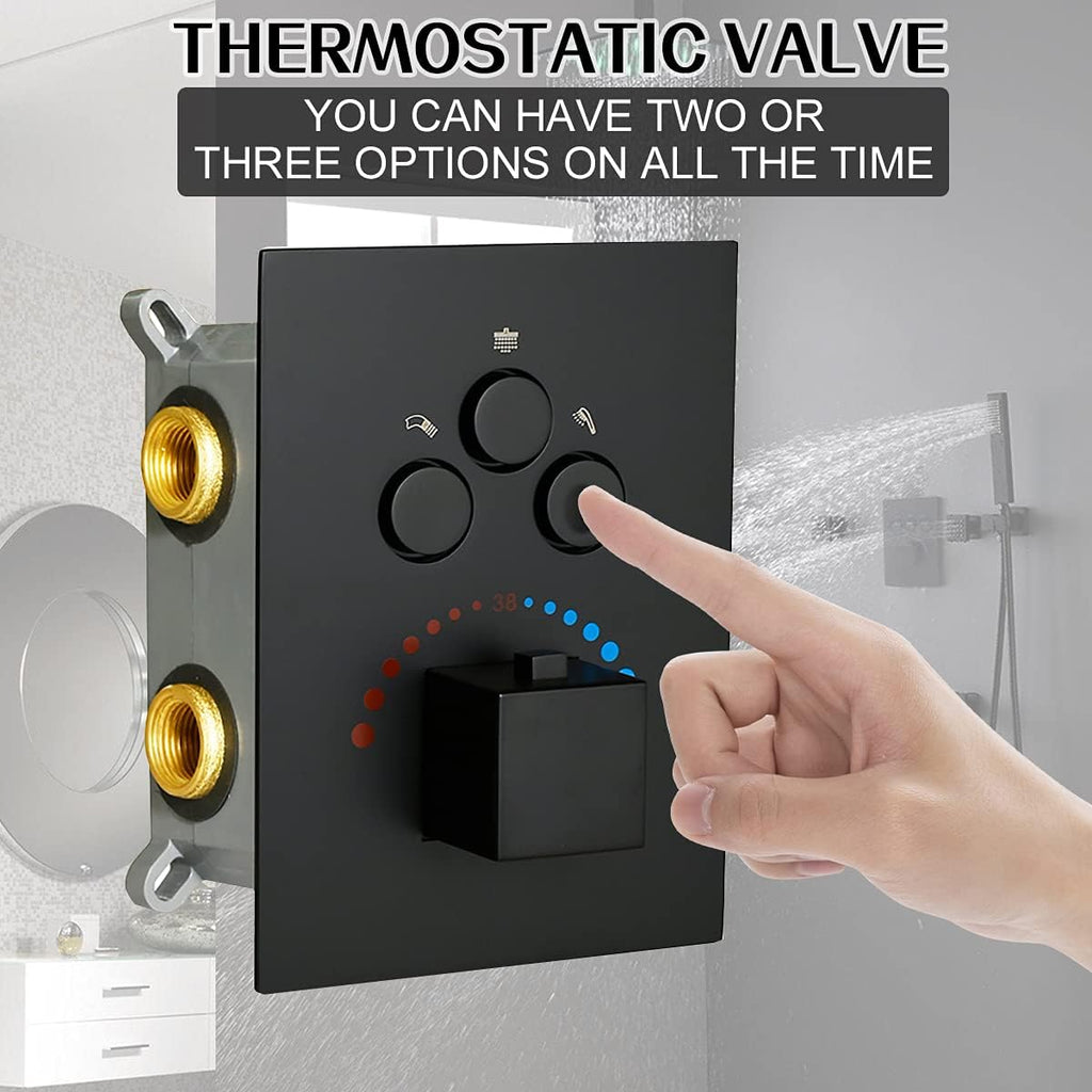 Matte Black 3-Way Thermostatic Shower Diverter Mixer Valve Trim F58604