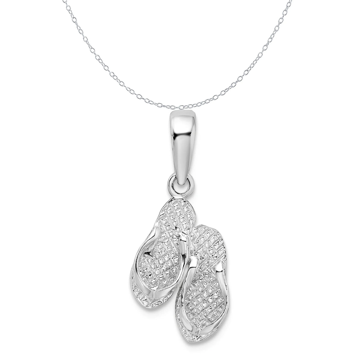 Sterling Silver Polished Textured Flip Flops Charm Pendant with Sterling Silver Cable Chain Necklace 18'' J68756