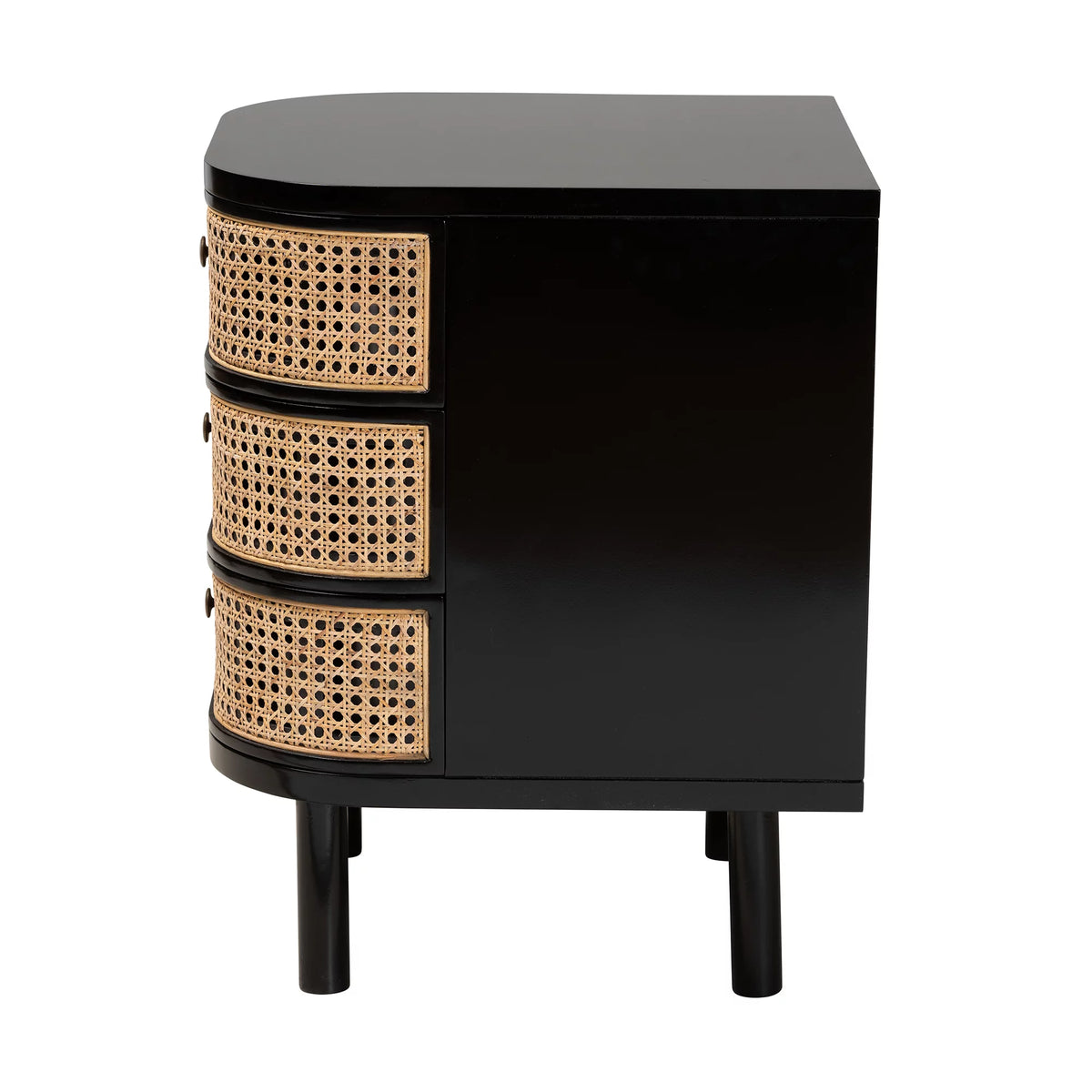 Black Wood and Rattan 3-Drawer End Table Nightstand I731