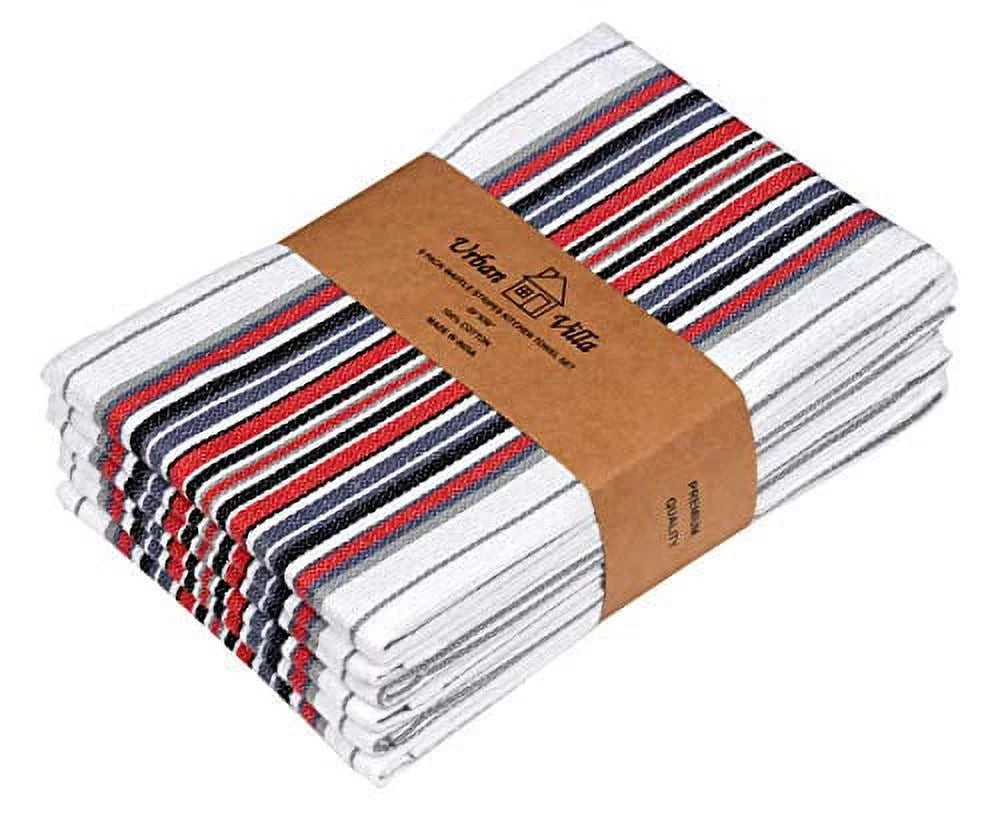 100% Cotton White Waffle Stripes Kitchen Towels Set of 6 D600689