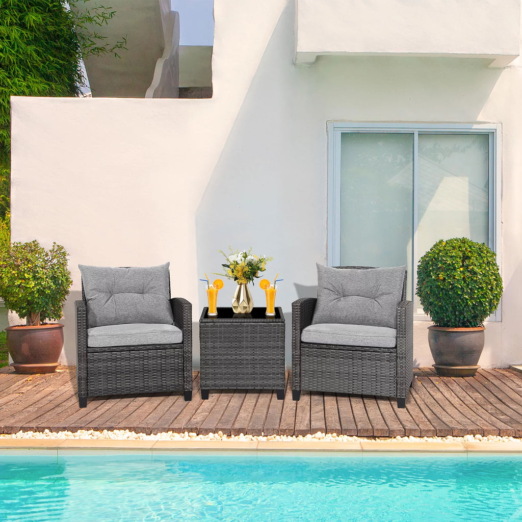 3 Pcs Patio Rattan Sofa Set with Grey Cushion M766