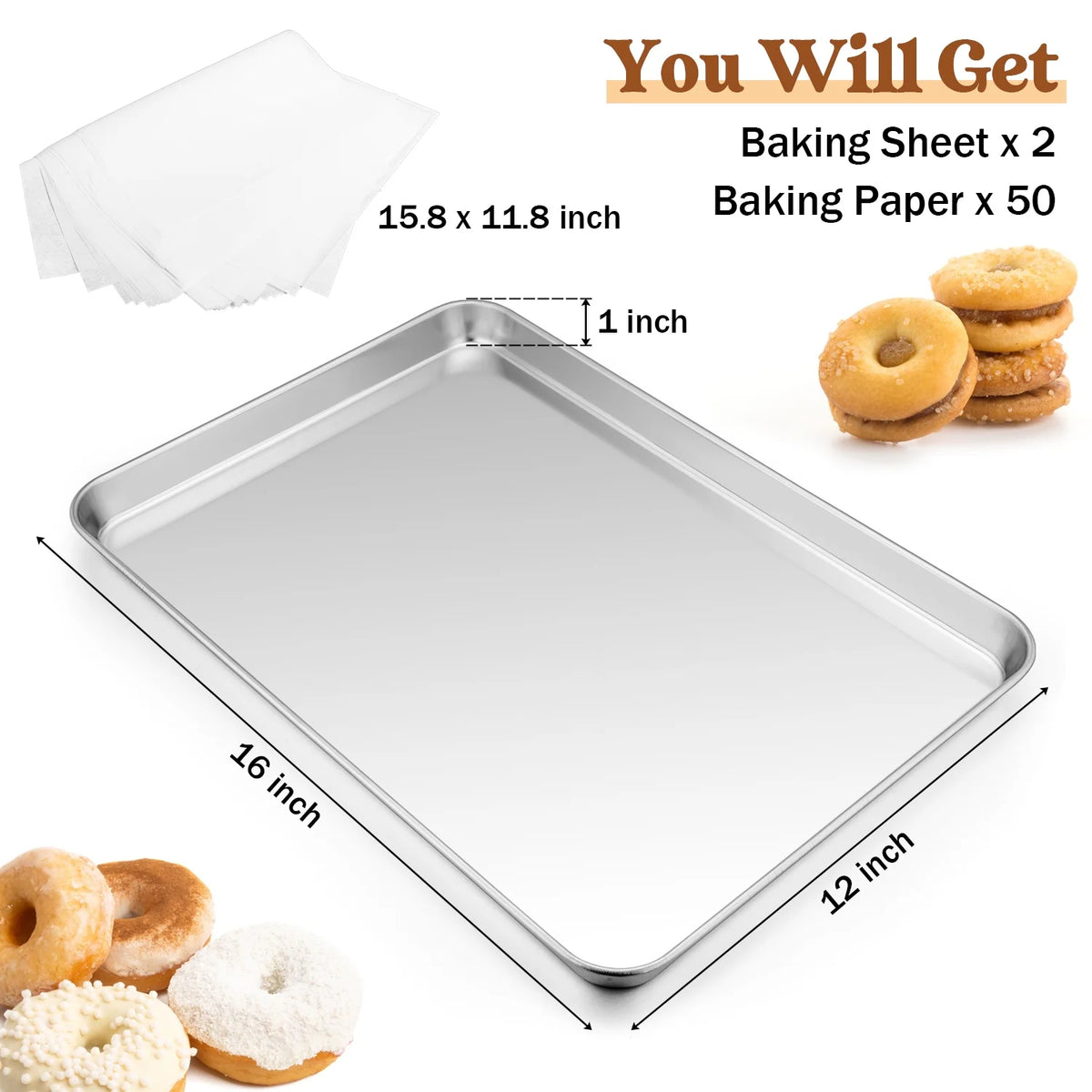 Stainless Steel Baking Sheet Set of 2 with 50 Parchment Papers, 16” x 12” x 1” X720
