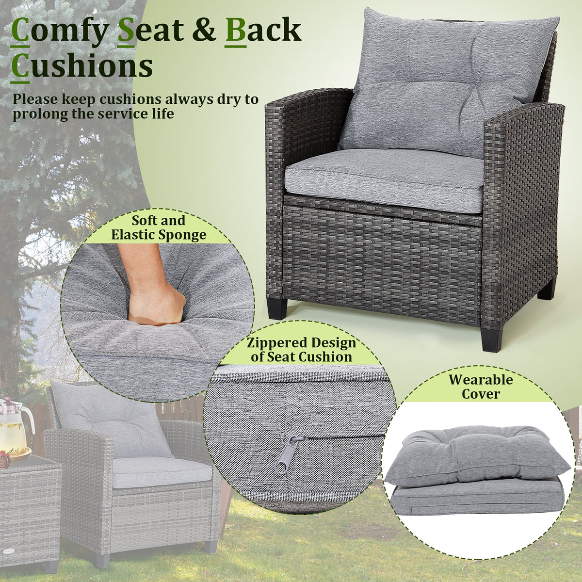 3 Pcs Patio Rattan Sofa Set with Grey Cushion M766