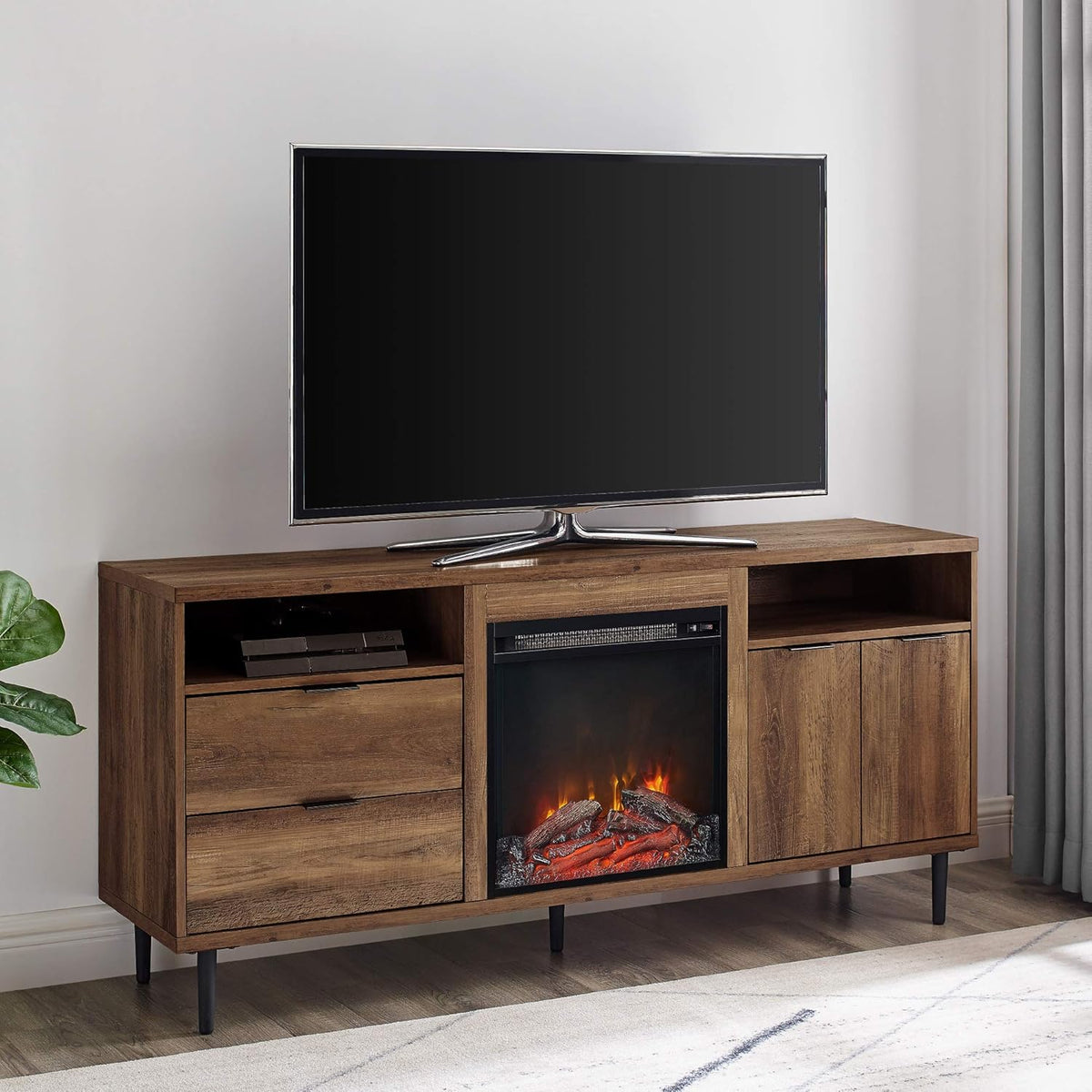 58 Inch Dark Walnut Wood TV Stand with Cabinet Doors and Drawers O925029