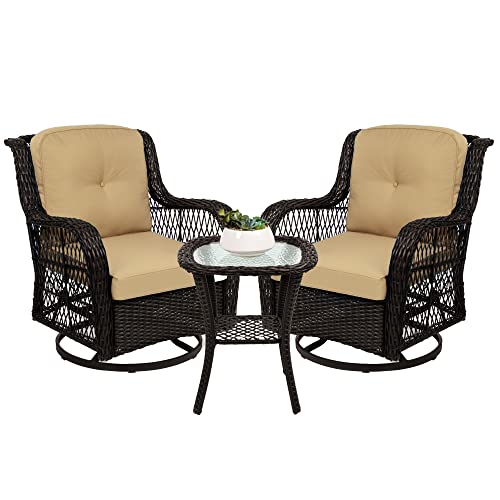 3-Piece Outdoor Wicker Patio Bistro Set with Swivel Rocking Chairs and Side Table U2438