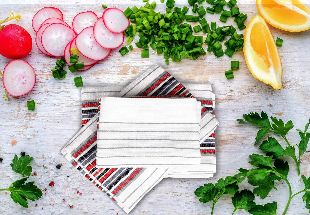 100% Cotton White Waffle Stripes Kitchen Towels Set of 6 D600689