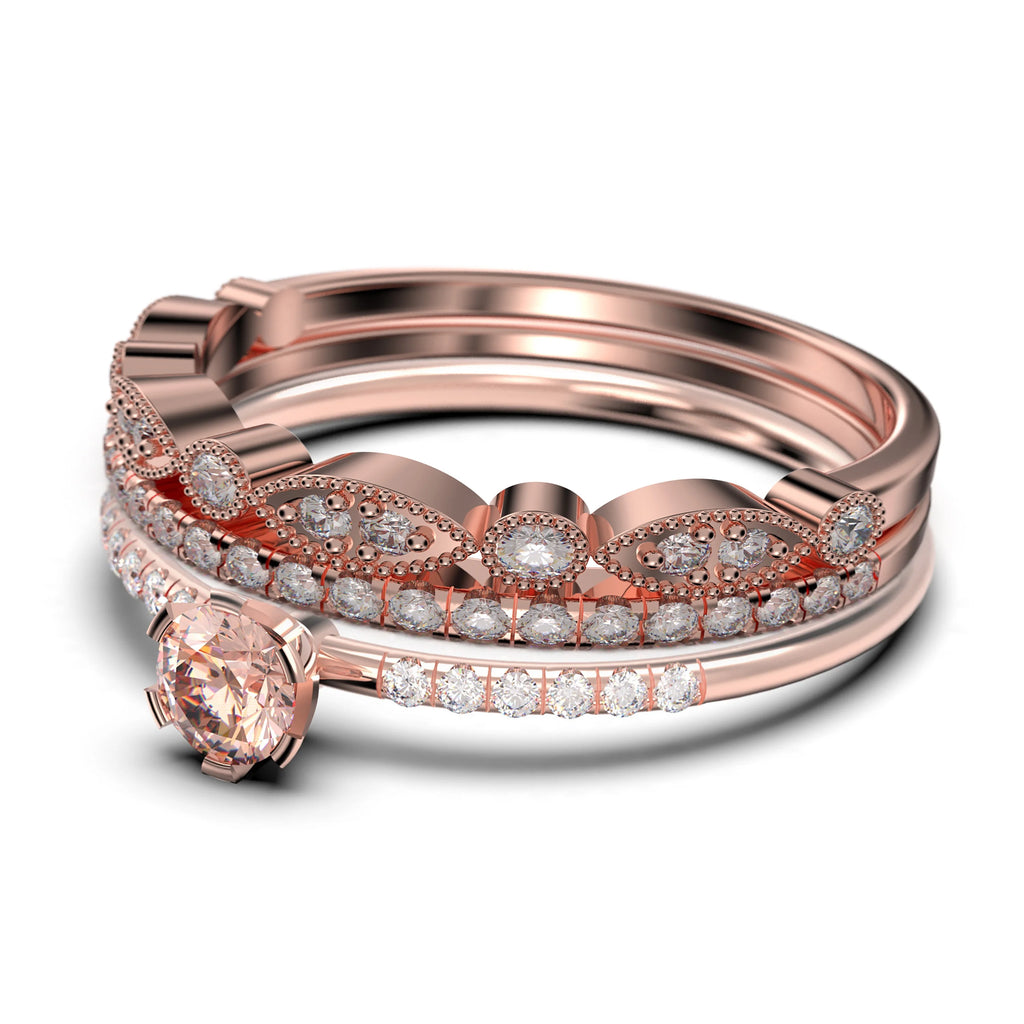 1.55 Carat Round Cut Morganite And Diamond Moissanite Engagement Ring Trio Set in 925 Sterling Silver With 18k Rose Gold Plating R83545