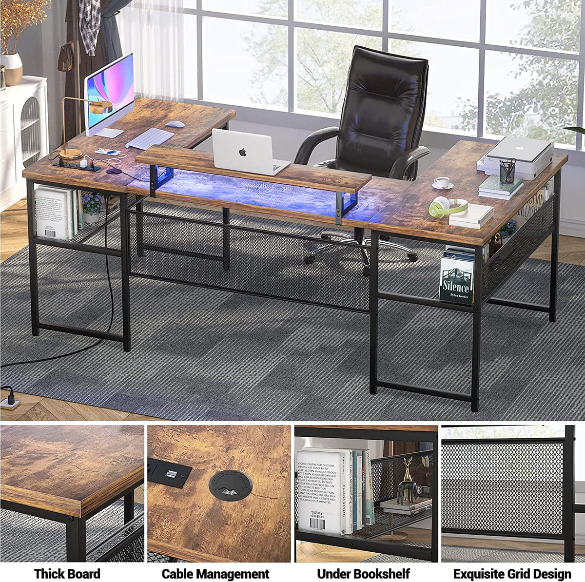 U Shaped Computer Desk with Power Outlet and LED Strip N8002