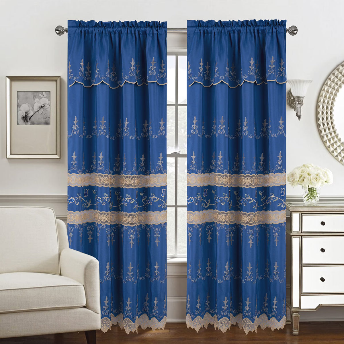 Navy-Gold Macramé Jacquard Panel with Attached Valance, 55x84 Inches N41665