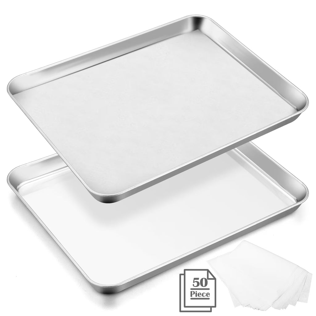 Stainless Steel Baking Sheet Set of 2 with 50 Parchment Papers, 16” x 12” x 1” X720