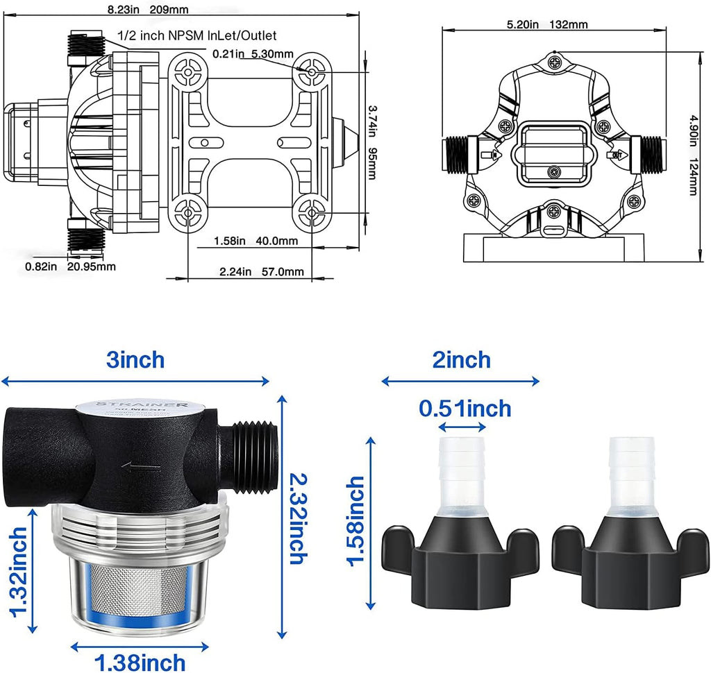 Diaphragm Water Pump 12V with Pressure Switch 3.5 GPM 45 PSI Self Priming RV DC Washdown Pump with Fittings Strainer Filter T7255