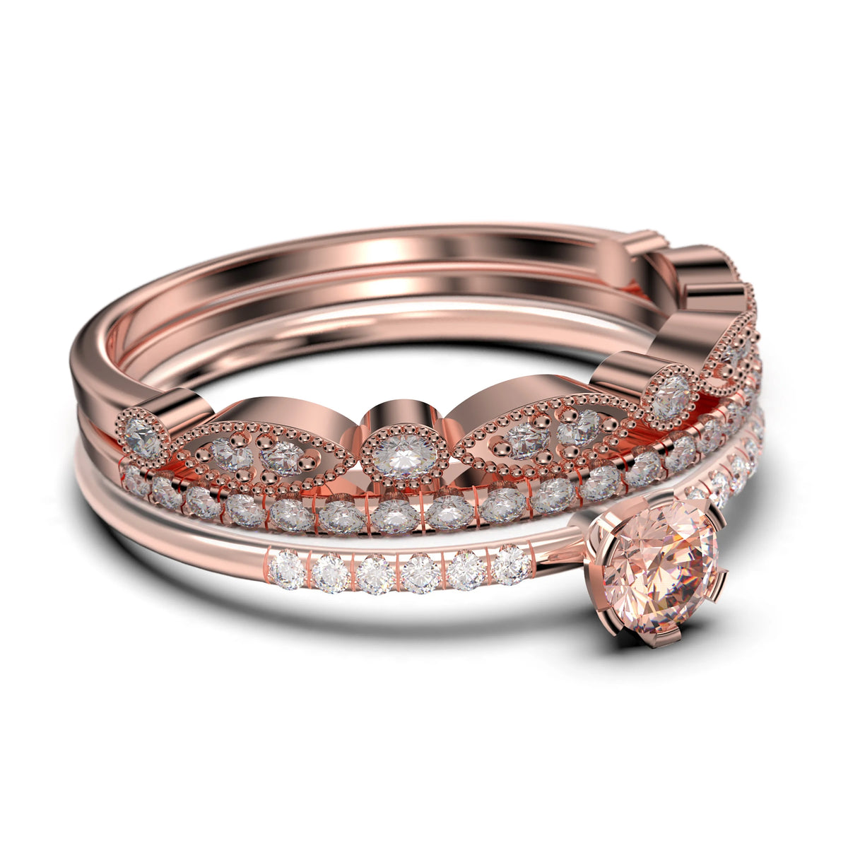 1.55 Carat Round Cut Morganite And Diamond Moissanite Engagement Ring Trio Set in 925 Sterling Silver With 18k Rose Gold Plating R83545