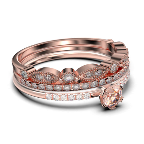 1.55 Carat Round Cut Morganite And Diamond Moissanite Engagement Ring Trio Set in 925 Sterling Silver With 18k Rose Gold Plating R83545