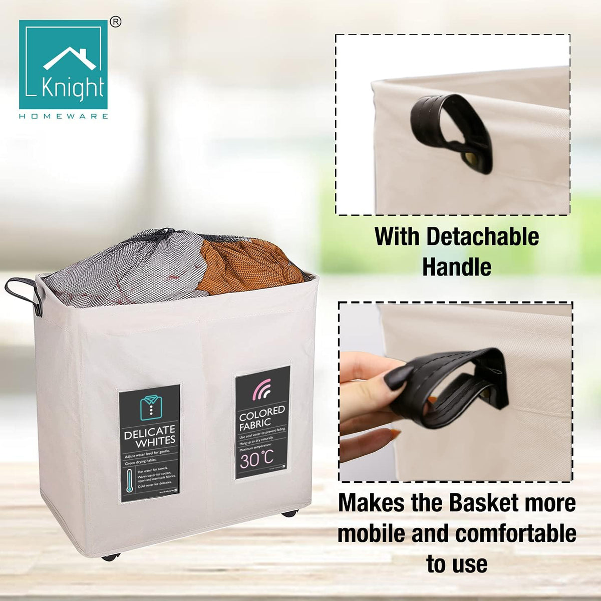 120L Collapsible Laundry Basket with Wheels, 2 Section, Mesh Cover, Handles, Ivory S373