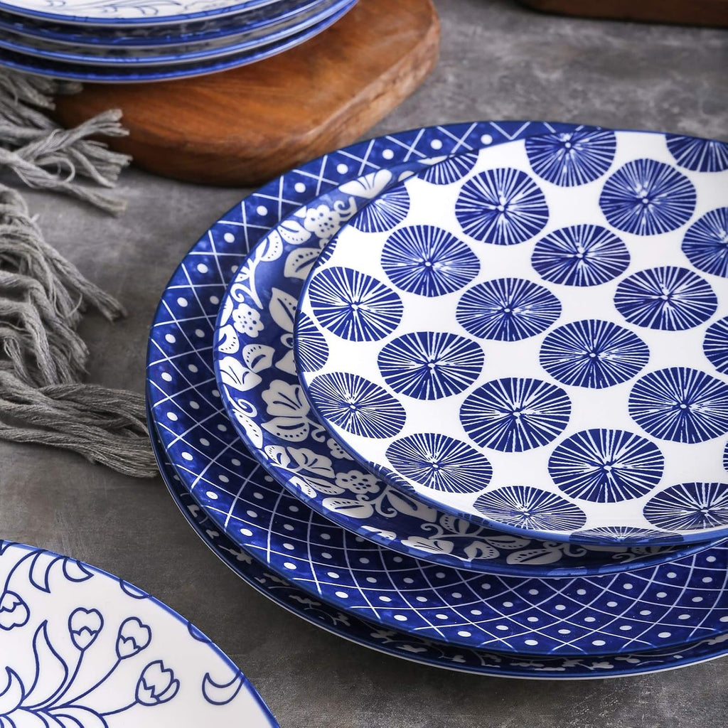 10 inch Porcelain Dinner Plates 16-Pieces Dinnerware Set Vintage Blue O3464