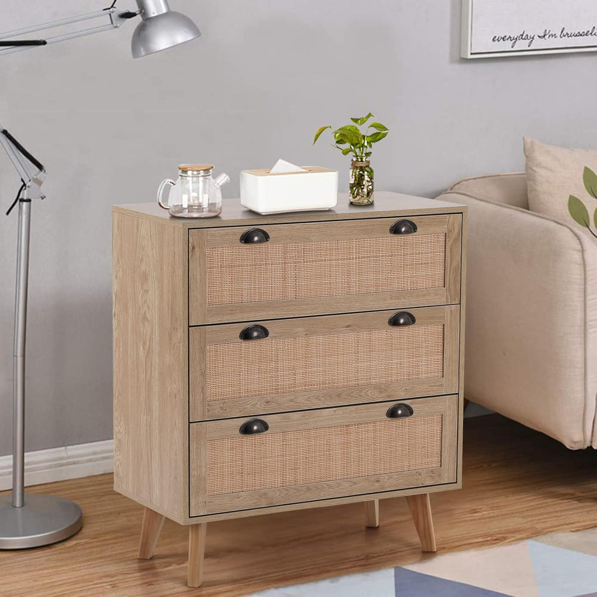 3 Drawer Rattan Storage Cabinet with Pine Wood Legs W690234